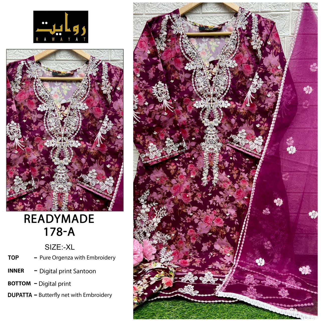 178 Rawayat Pure Organza Pakistani Readymade Suits Wholesale Rate