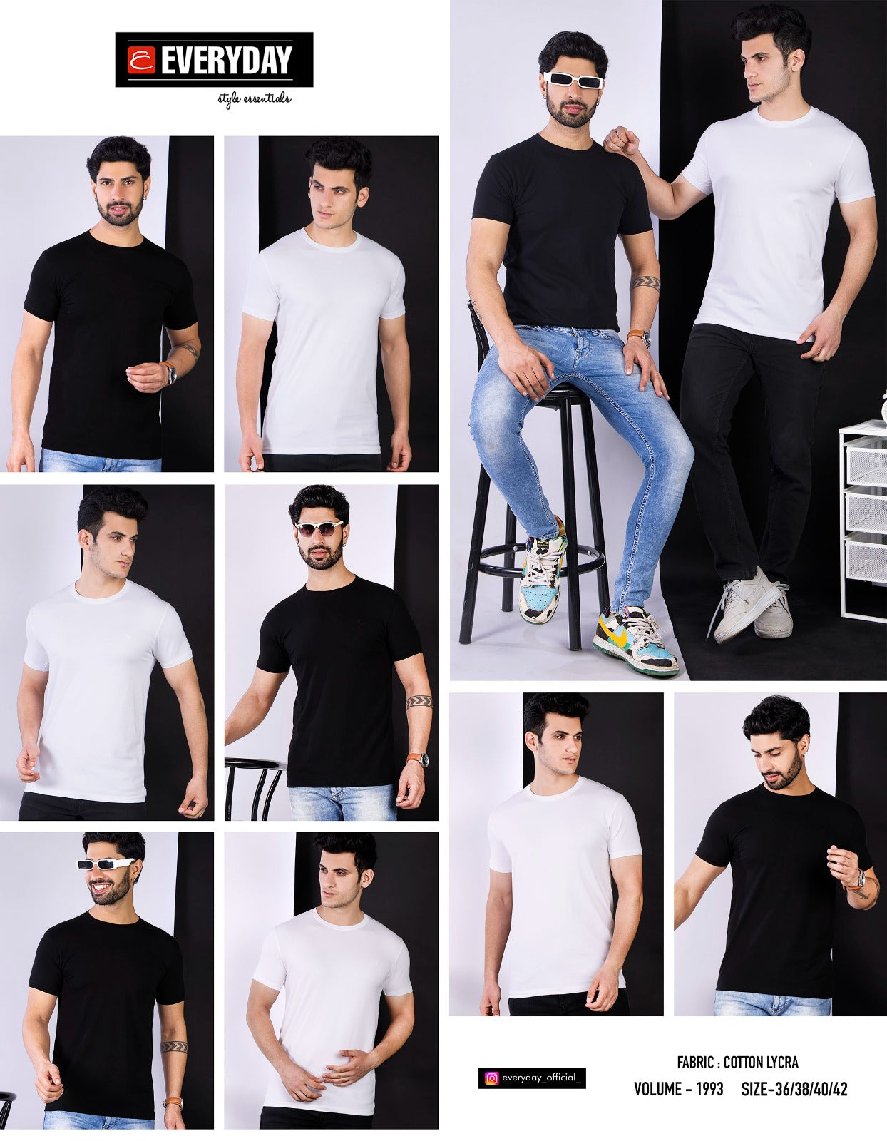 190-195 Gsm Vol 1993 White-Black Everyday Cotton Lycra Mens Tshirts Supplier India