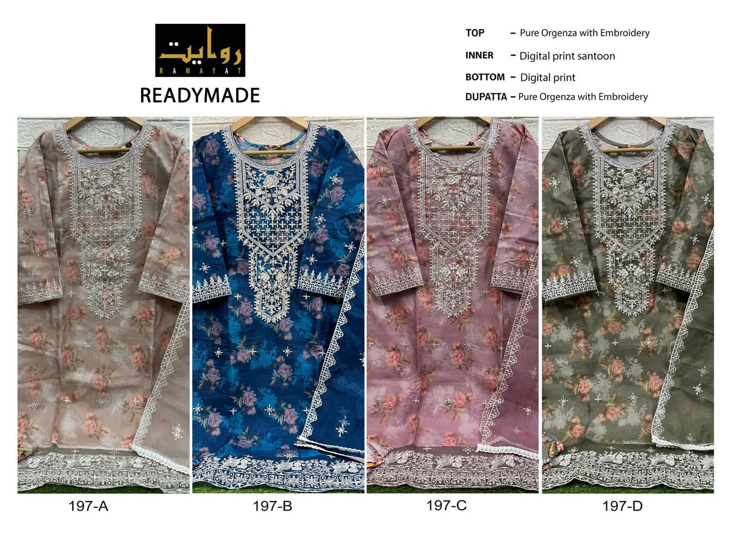 197 Rawayat Pure Organza Pakistani Readymade Suits Manufacturer Ahmedabad