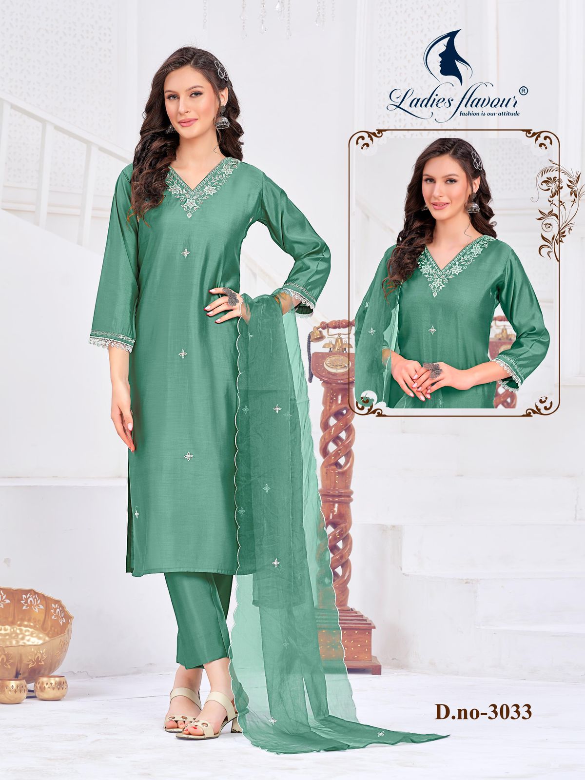 3032-3033 Ladies Flavour Roman Readymade Pant Style Suits