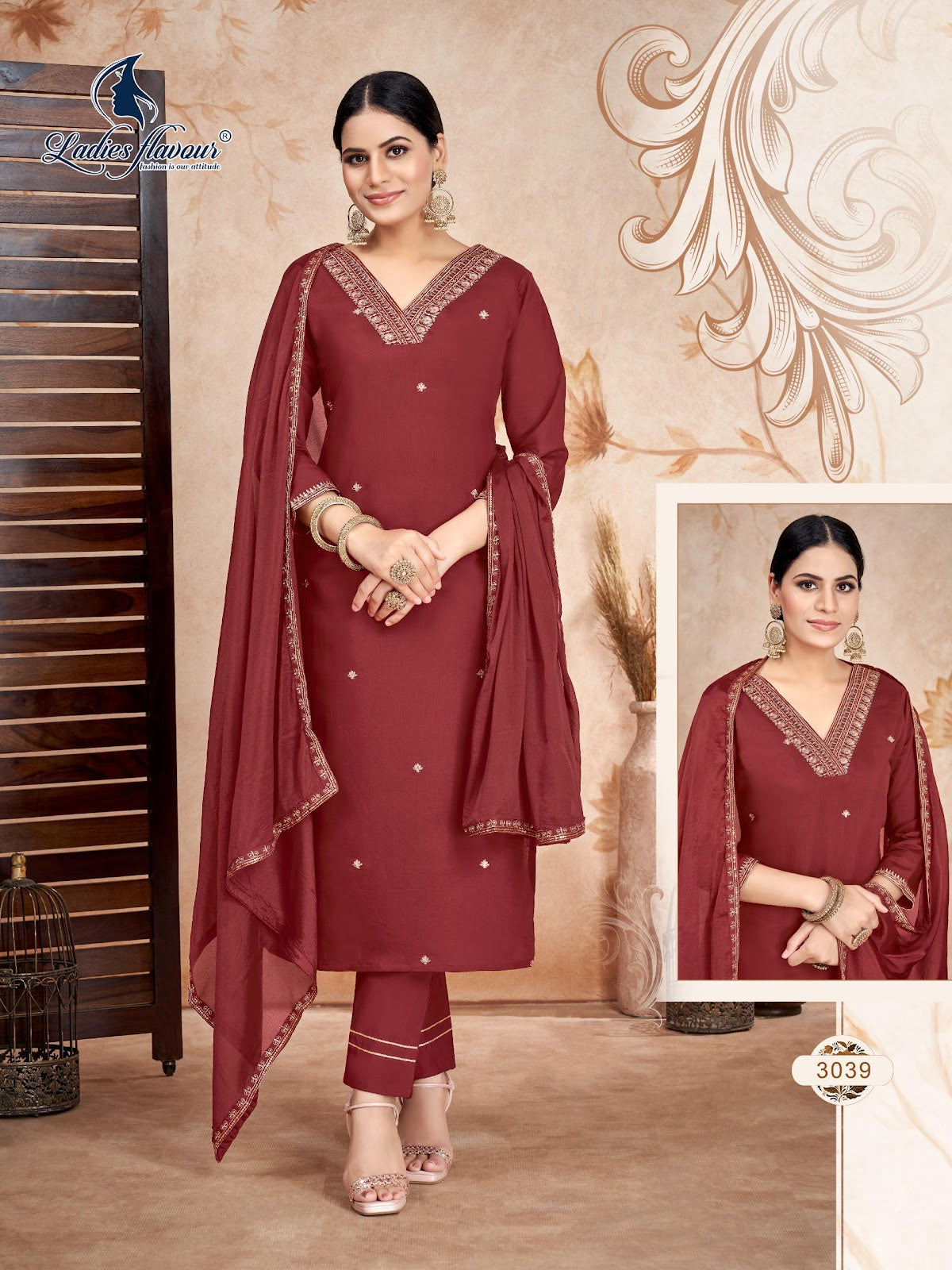 3039-3042 Ladies Flavour Roman Readymade Pant Style Suits