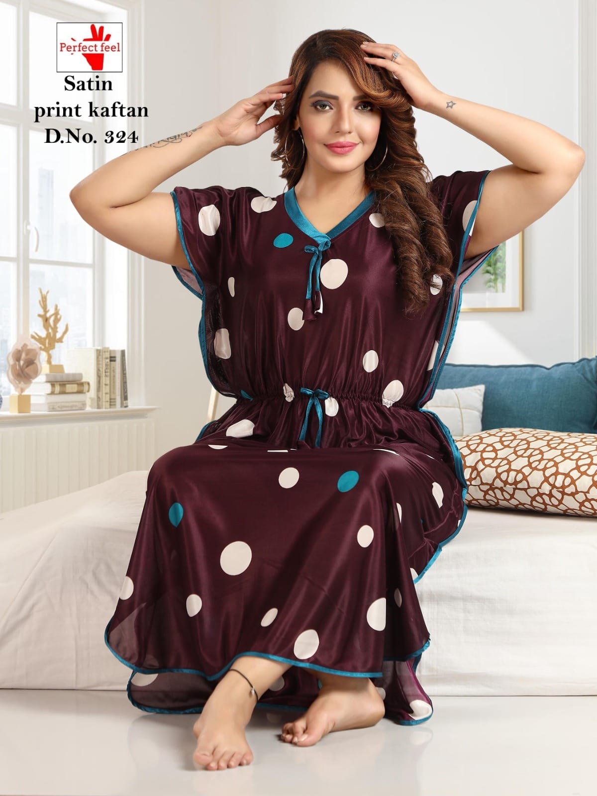 323 324 Perfect Feel Satin Kaftan Nighty Exporter Ahmedabad Kavya Style Plus