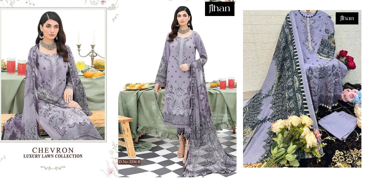 3356 Chevron Luxury Lawn Collection Jihan Lawn Cotton Pakistani Salwar Suits Exporter Gujarat