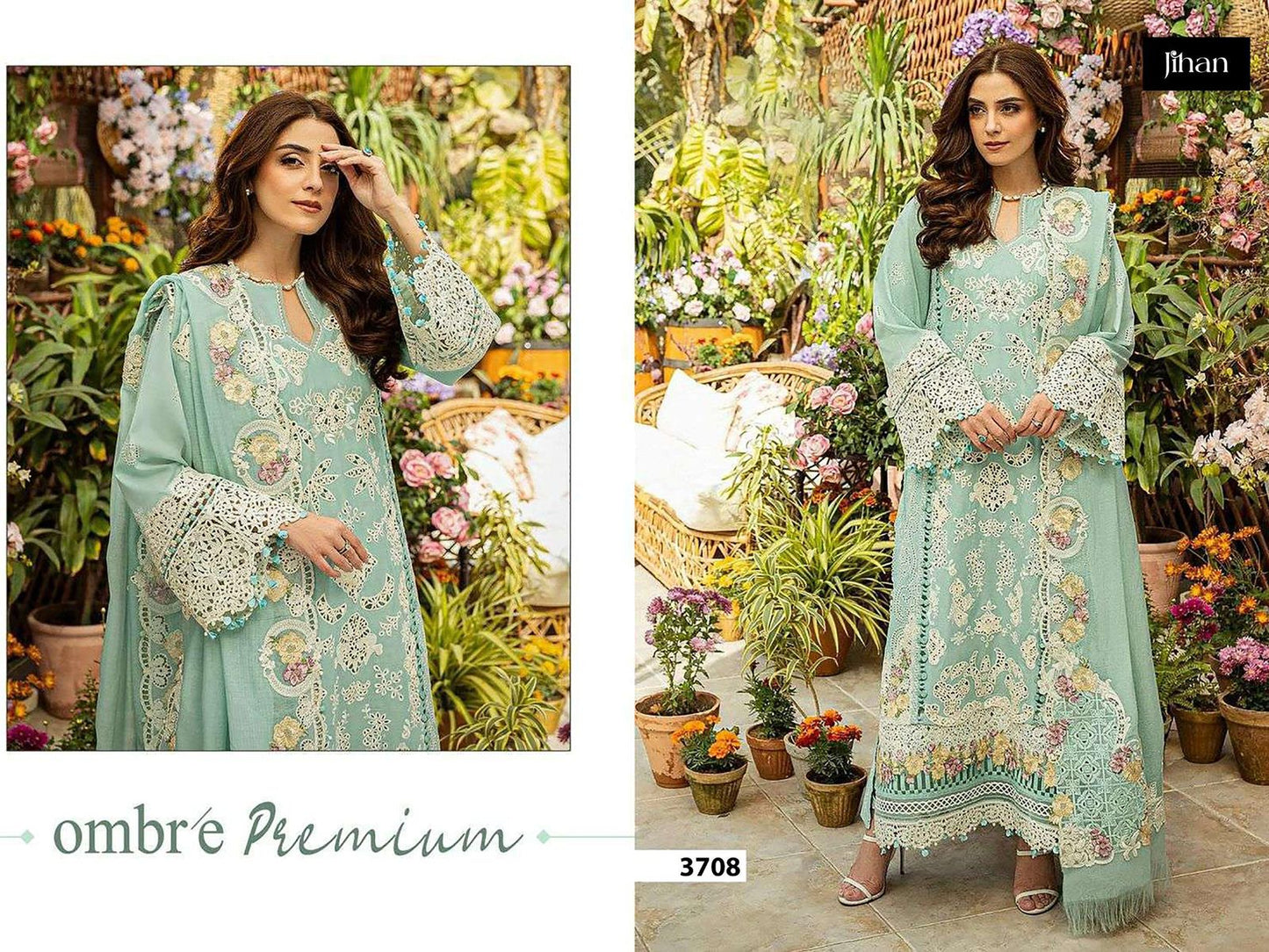 3707-3709 Ombre Premium Jihan Cotton Pakistani Patch Work Suits Manufacturer India