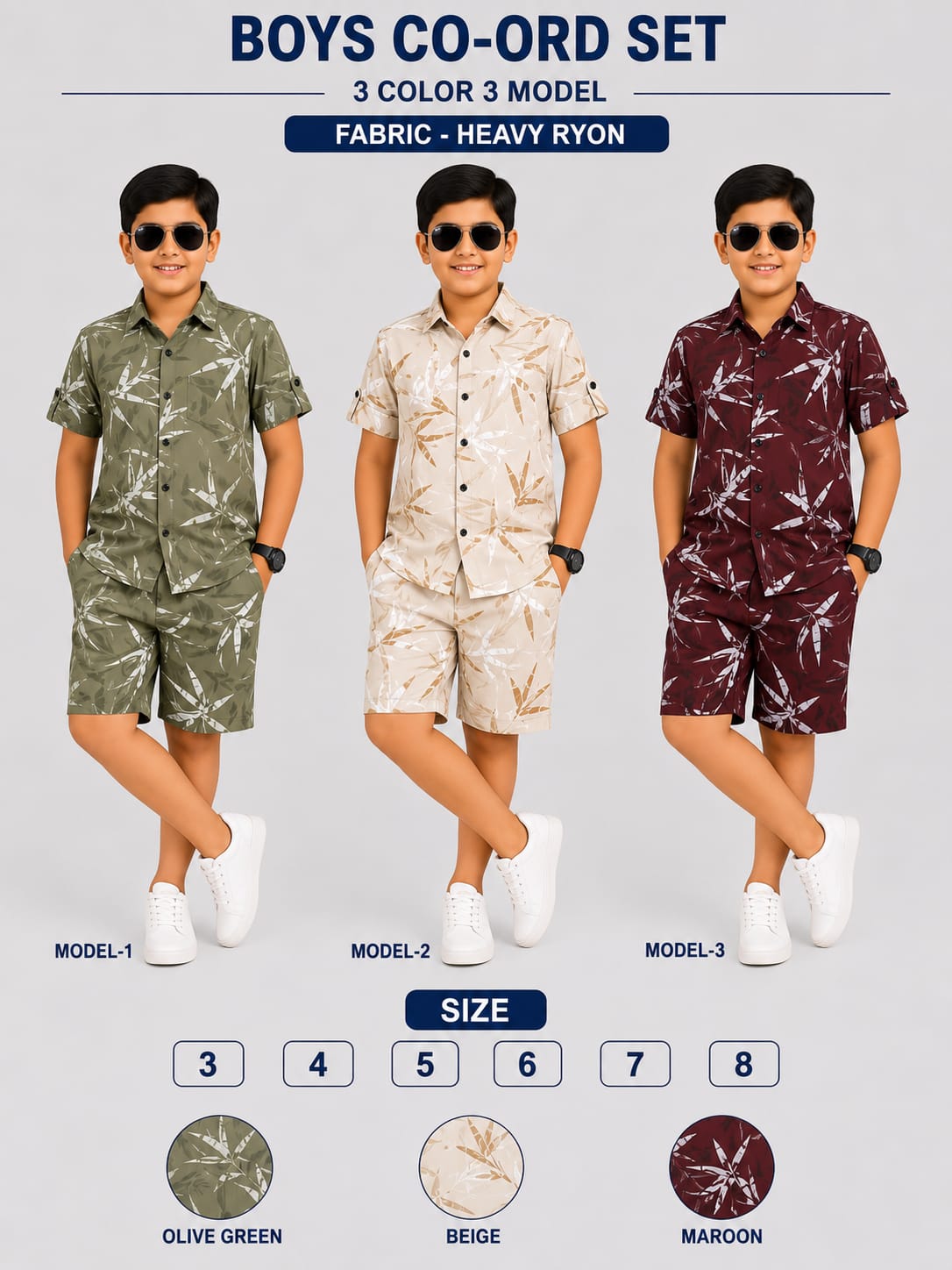 3 Colors 3 Model Chapter 16 Rayon Boys Co Ord Set Exporter India