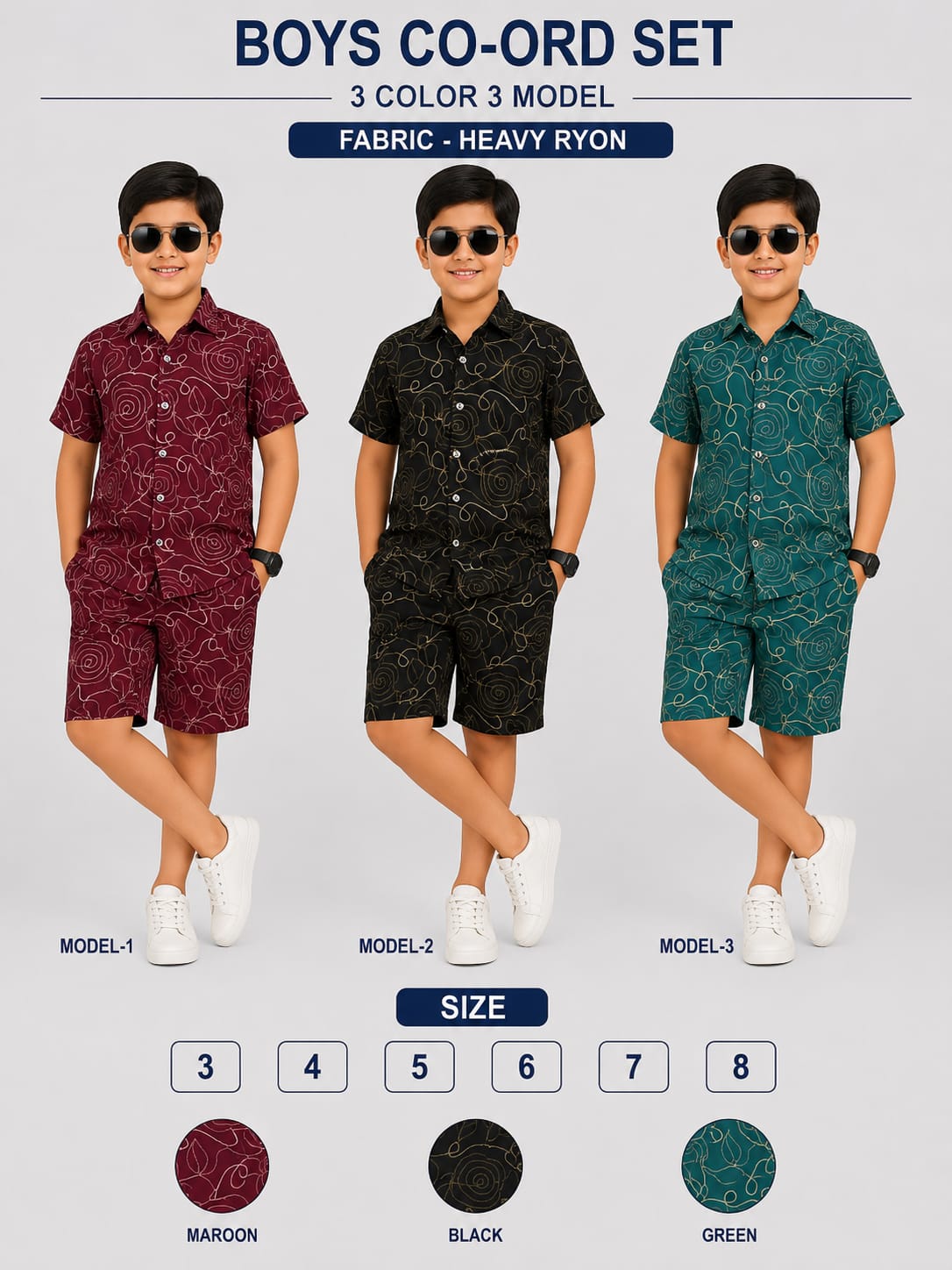 3 Colors 3 Model Chapter 16 Rayon Boys Co Ord Set Exporter India