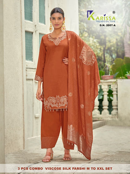 3 Pcs Farshi Salwar Karissa Viscose Silk Readymade Suits Exporter