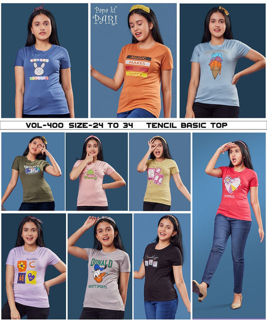 400 Papa Ki Pari Lycra Tencil Girls Tshirt Wholesale Price