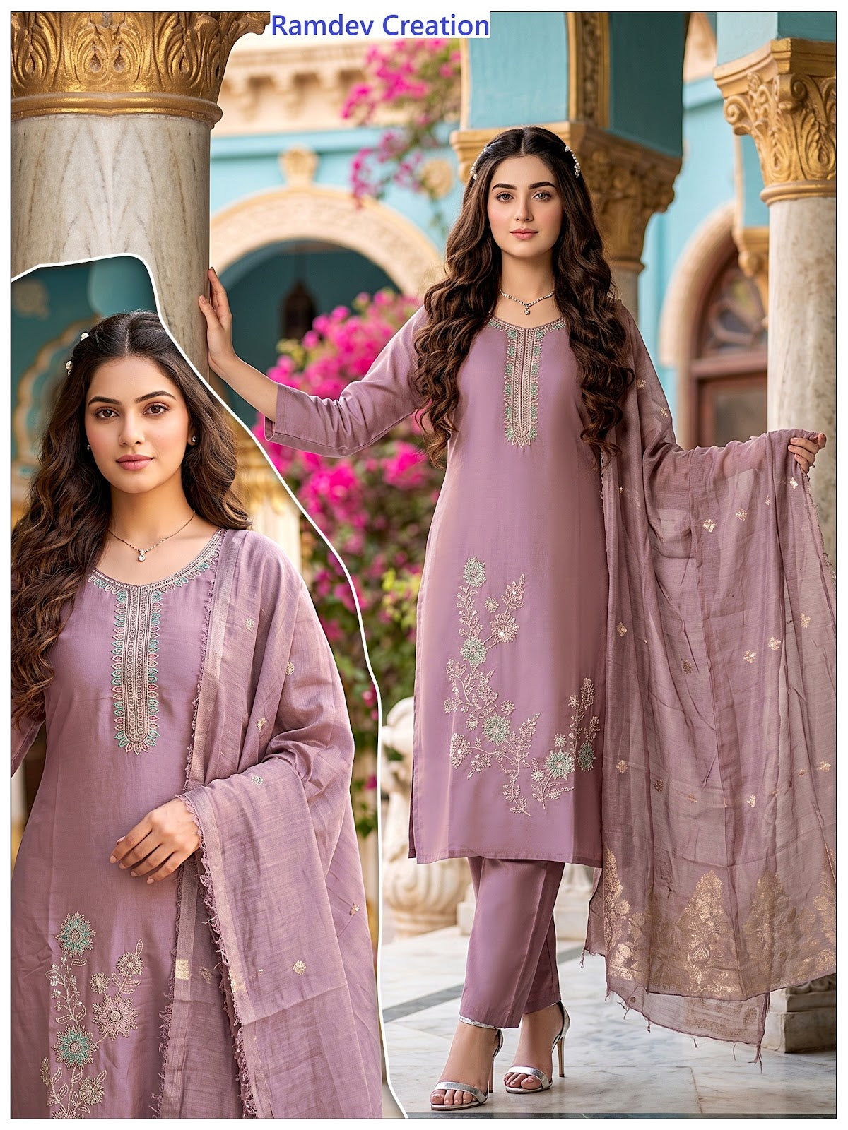 4 Color Matching Ramdev Creation Roman Silk Readymade Pant Style Suits Exporter Gujarat