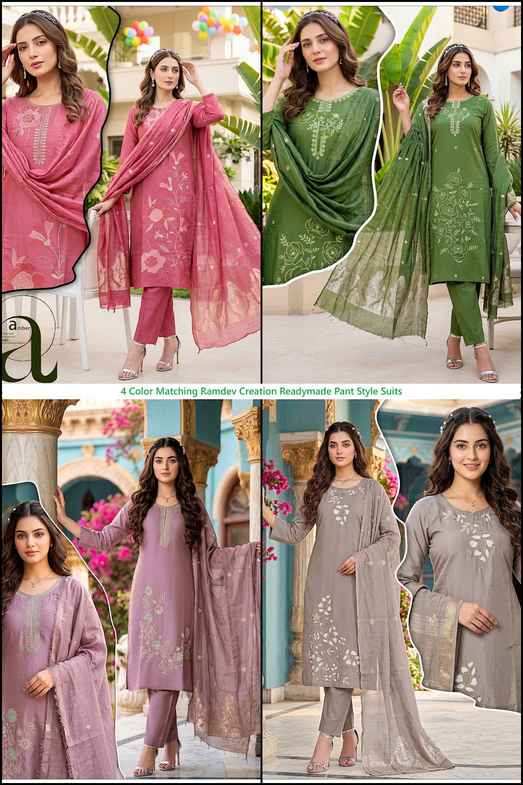 4 Color Matching Ramdev Creation Roman Silk Readymade Pant Style Suits Exporter Gujarat