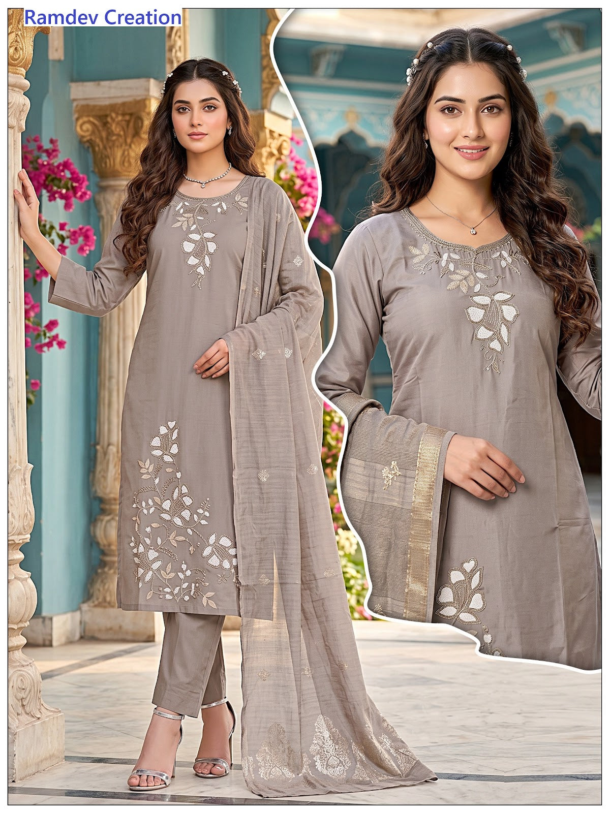 4 Color Matching Ramdev Creation Roman Silk Readymade Pant Style Suits Exporter Gujarat