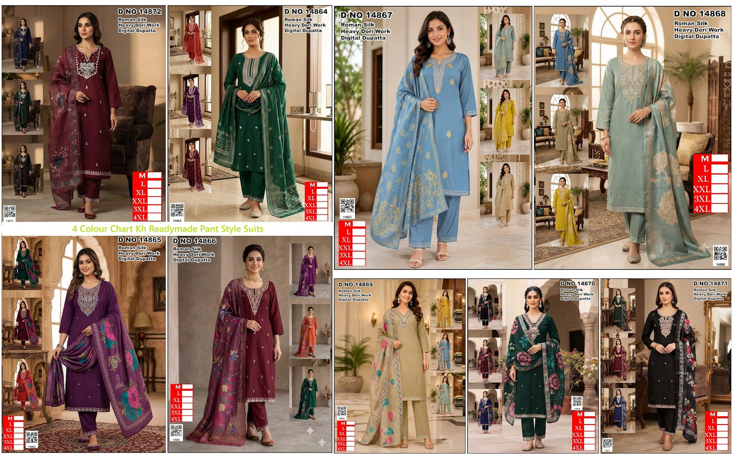 4 Colour Chart Kh Roman Silk Readymade Pant Style Suits Exporter Gujarat
