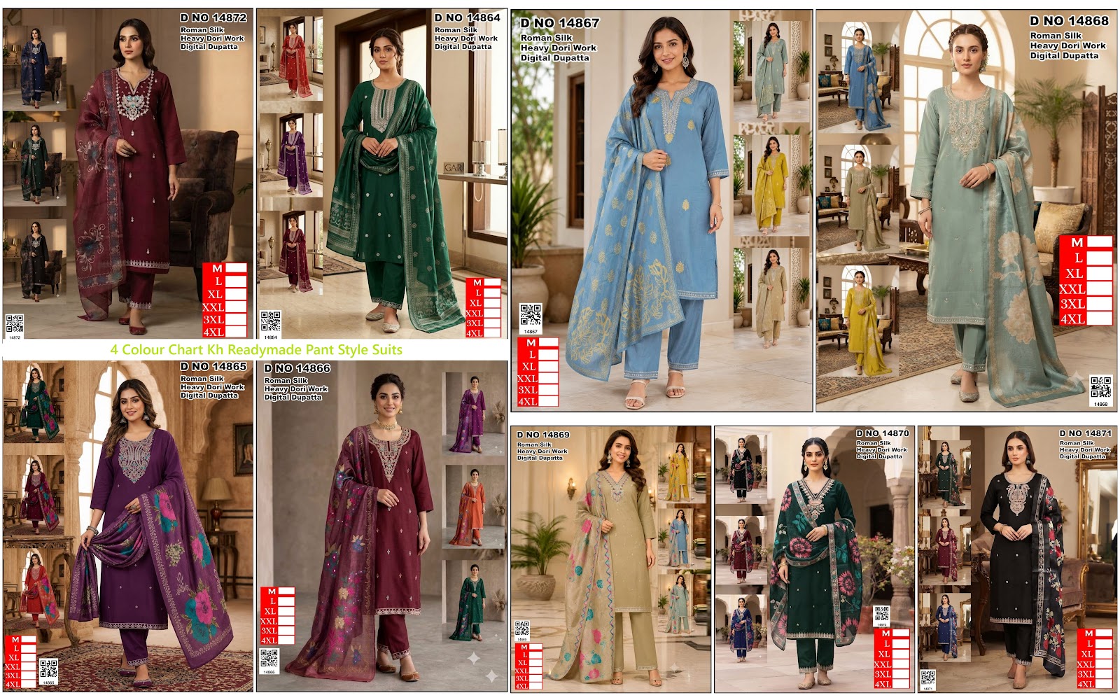4 Colour Chart Kh Roman Silk Readymade Pant Style Suits Exporter Gujarat