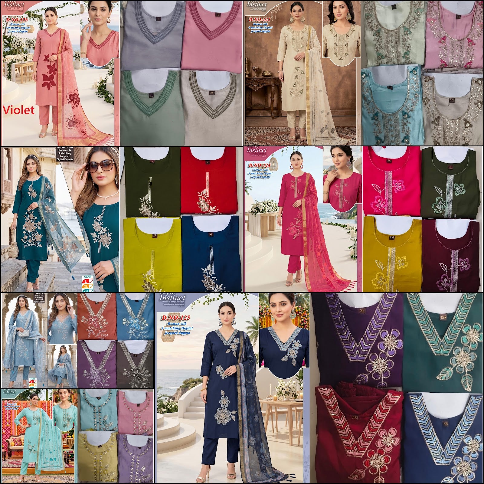 4 Matching Violet Roman Silk Readymade Pant Style Suits Supplier Ahmedabad