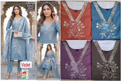 4 Matching Violet Roman Silk Readymade Pant Style Suits Supplier Ahmedabad