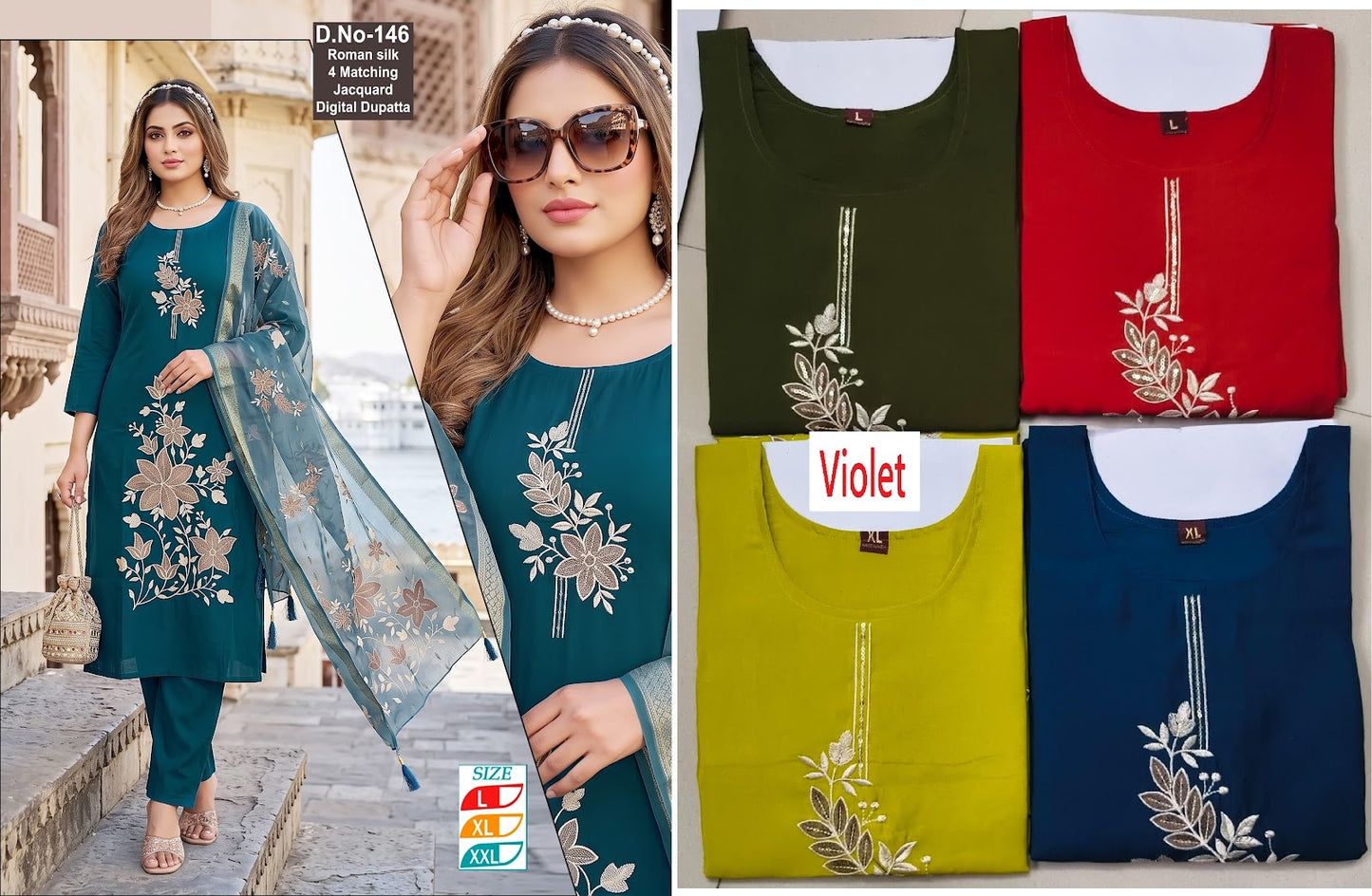 4 Matching Violet Roman Silk Readymade Pant Style Suits Supplier Ahmedabad