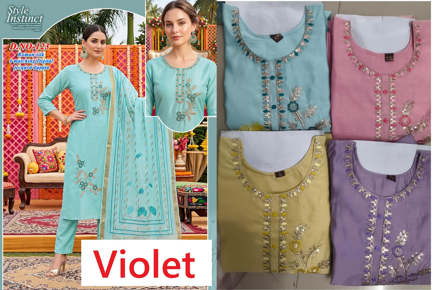 4 Matching Violet Roman Silk Readymade Pant Style Suits Supplier Ahmedabad