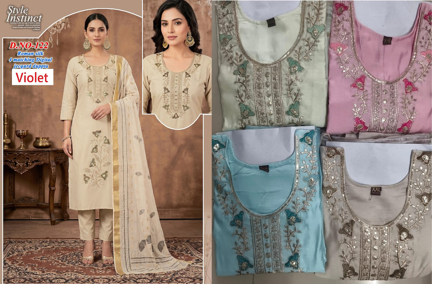 4 Matching Violet Roman Silk Readymade Pant Style Suits Supplier Ahmedabad