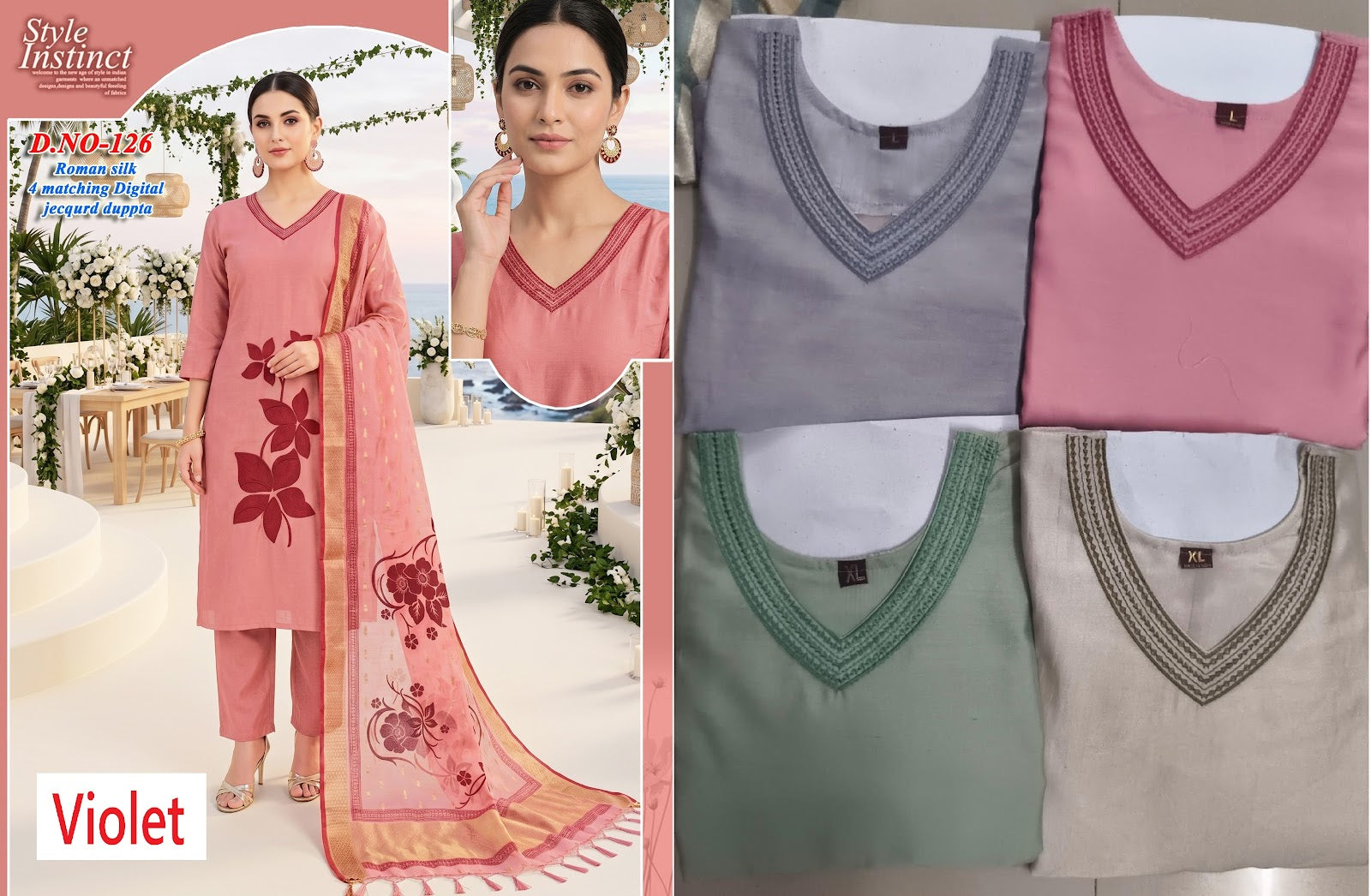 4 Matching Violet Roman Silk Readymade Pant Style Suits Supplier Ahmedabad