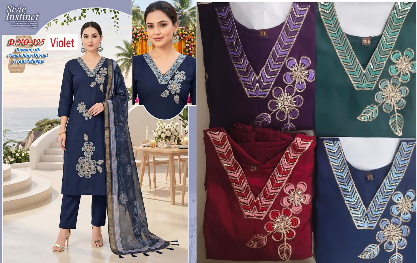 4 Matching Violet Roman Silk Readymade Pant Style Suits Supplier Ahmedabad