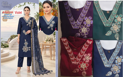 4 Matching Violet Roman Silk Readymade Pant Style Suits Supplier Ahmedabad