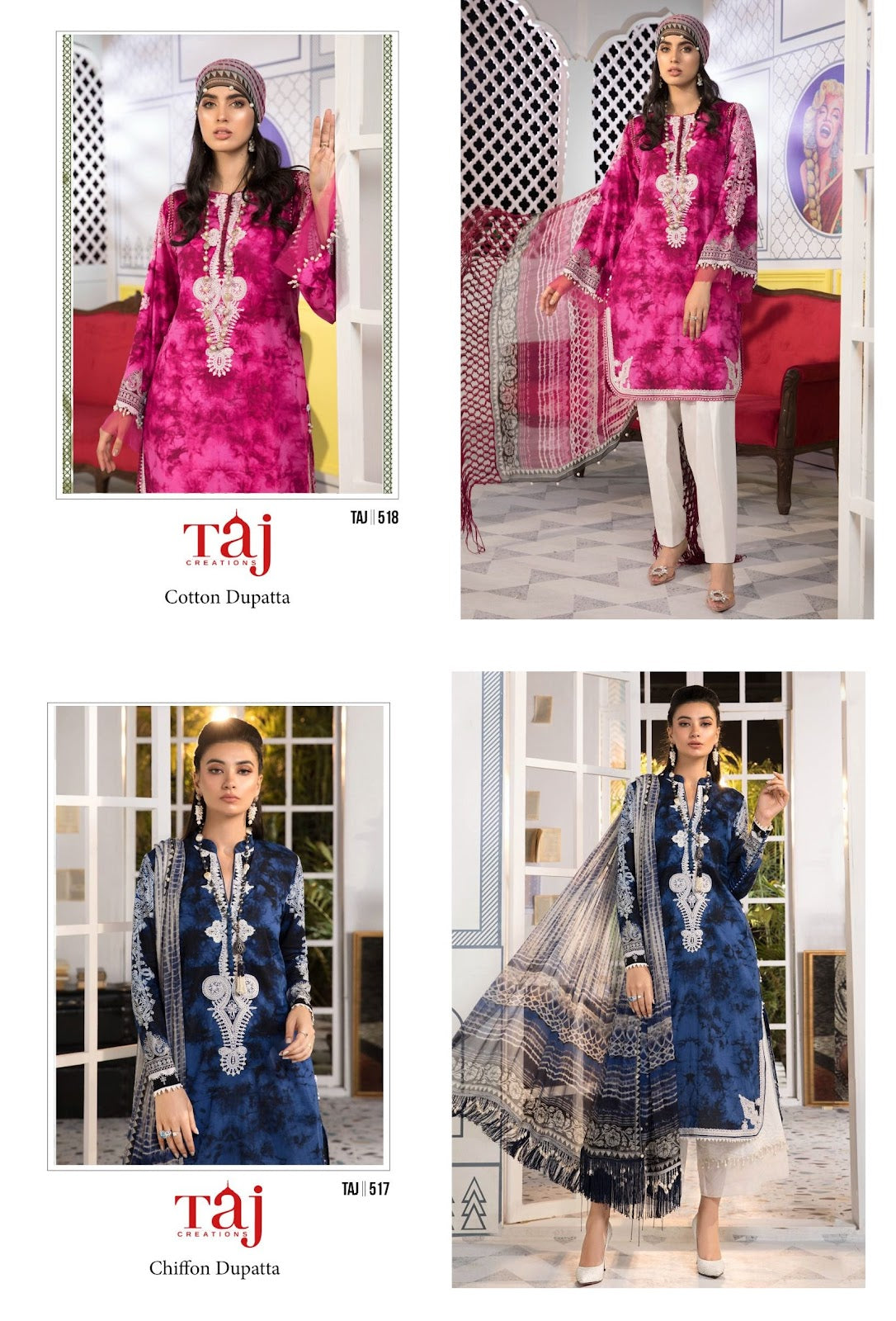 517 And 518 Taj Creations Pure Cotton Pakistani Patch Work Suits Exporter Gujarat