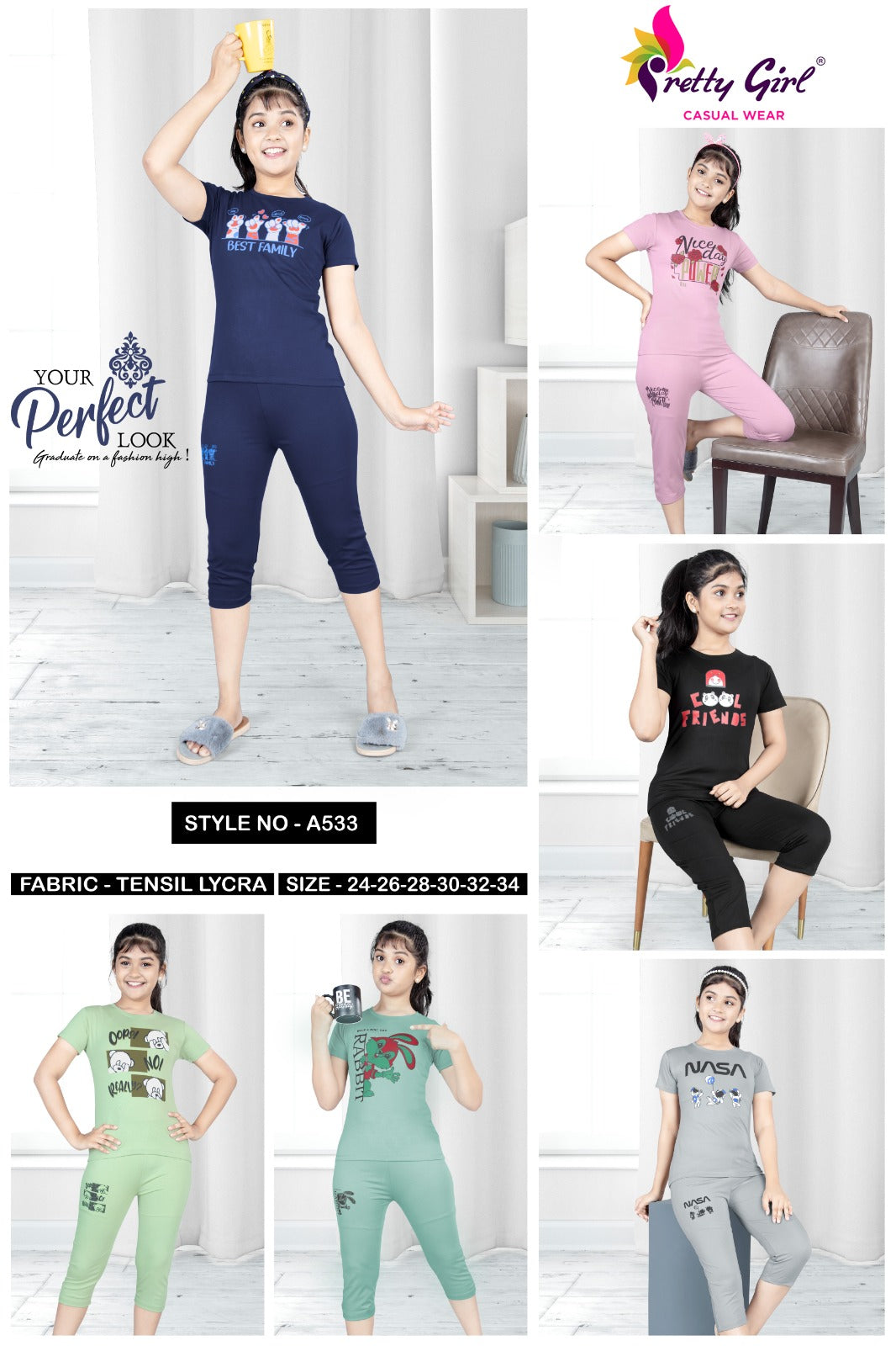 533 Pretty Tencil Lycra Girls Capri Night Suits Supplier India