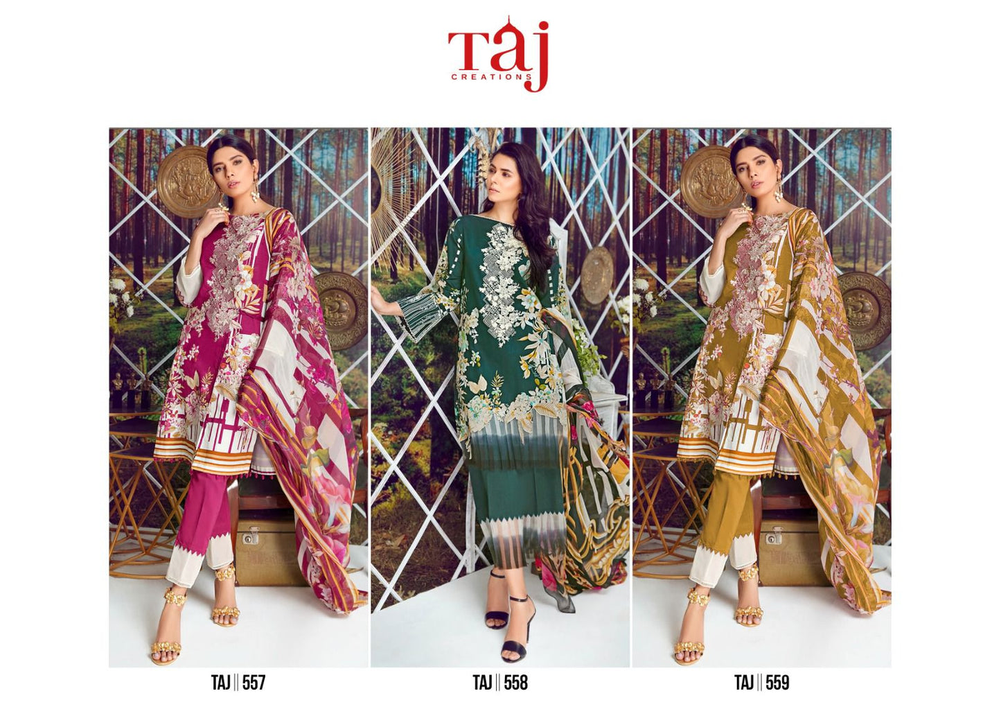 557-559 Taj Creations Pure Cotton Pakistani Patch Work Suits Wholesale Price