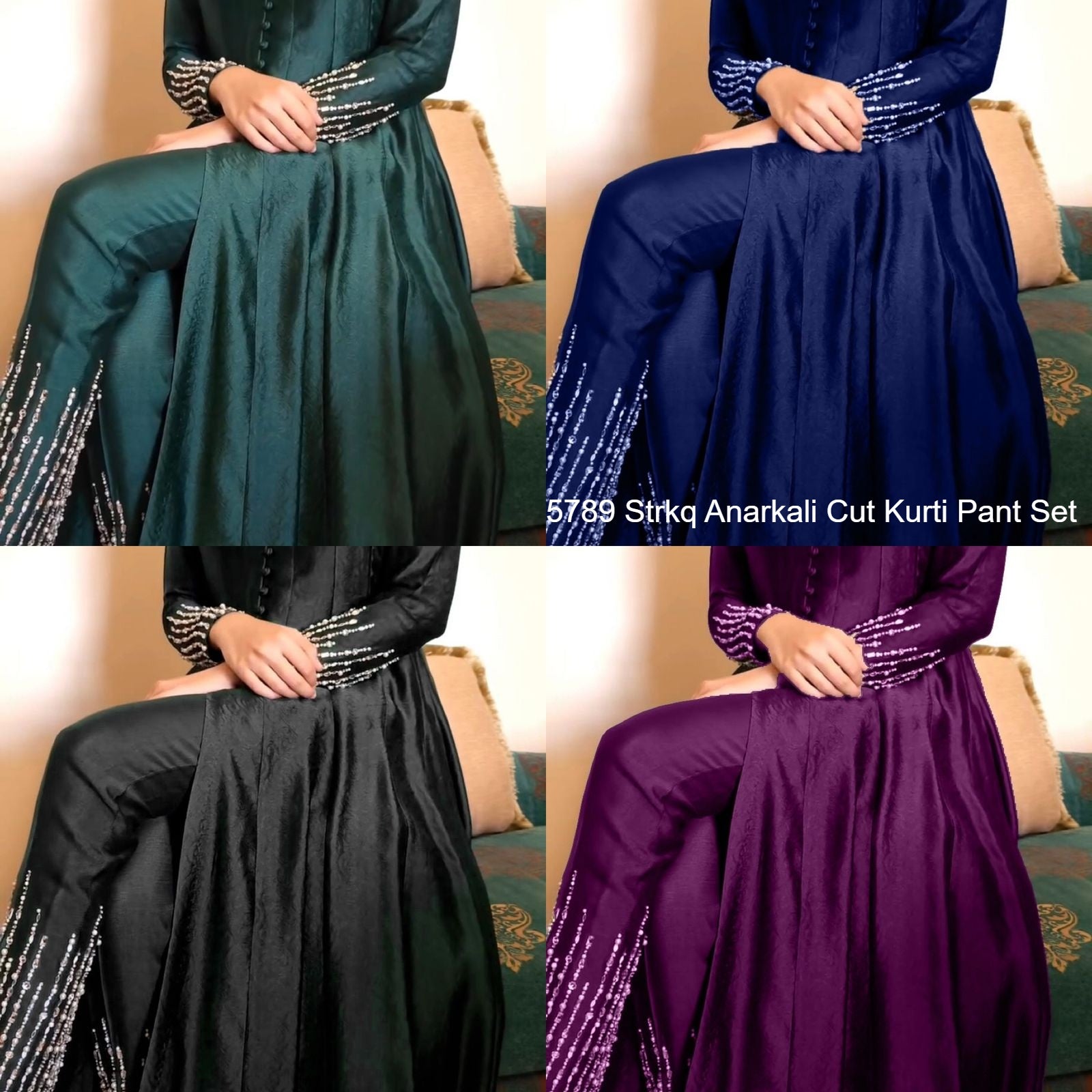 5789 Anarkali Cut Strkq Chinon Silk Kurti Pant Set Wholesaler India