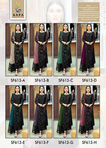 613A To 613H New Colours Safa Creation Georgette Pakistani Salwar Suits Manufacturer
