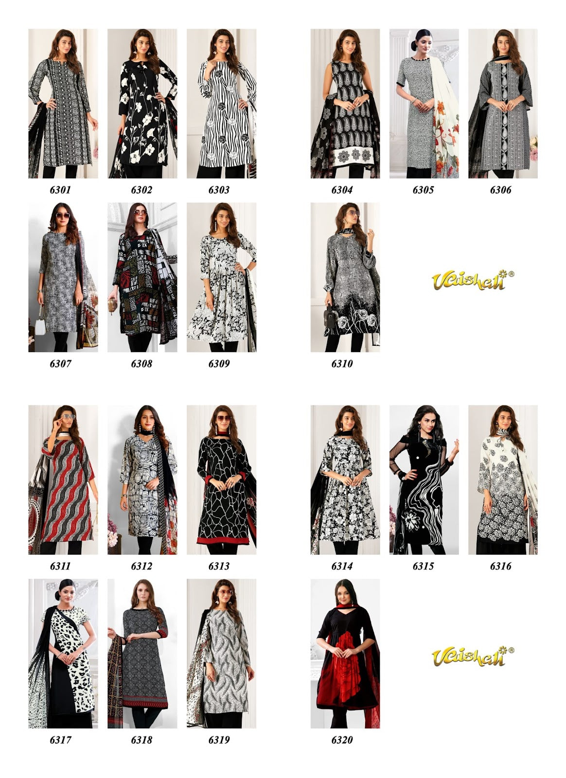 6300 Series Black And White Vaishali Fashions Pure Crape Plazzo Style Suits Manufacturer Ahmedabad