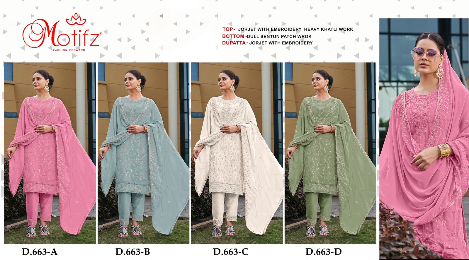 663 Motifz Georgette Pakistani Salwar Suits Wholesale Rate