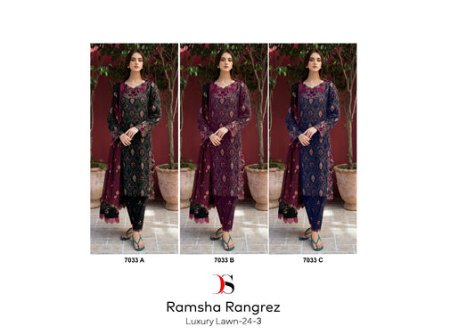 7033 Ramsha Rangrez Luxury Lawn 24-3 Deepsy Cotton Pakistani Salwar Suits Wholesale