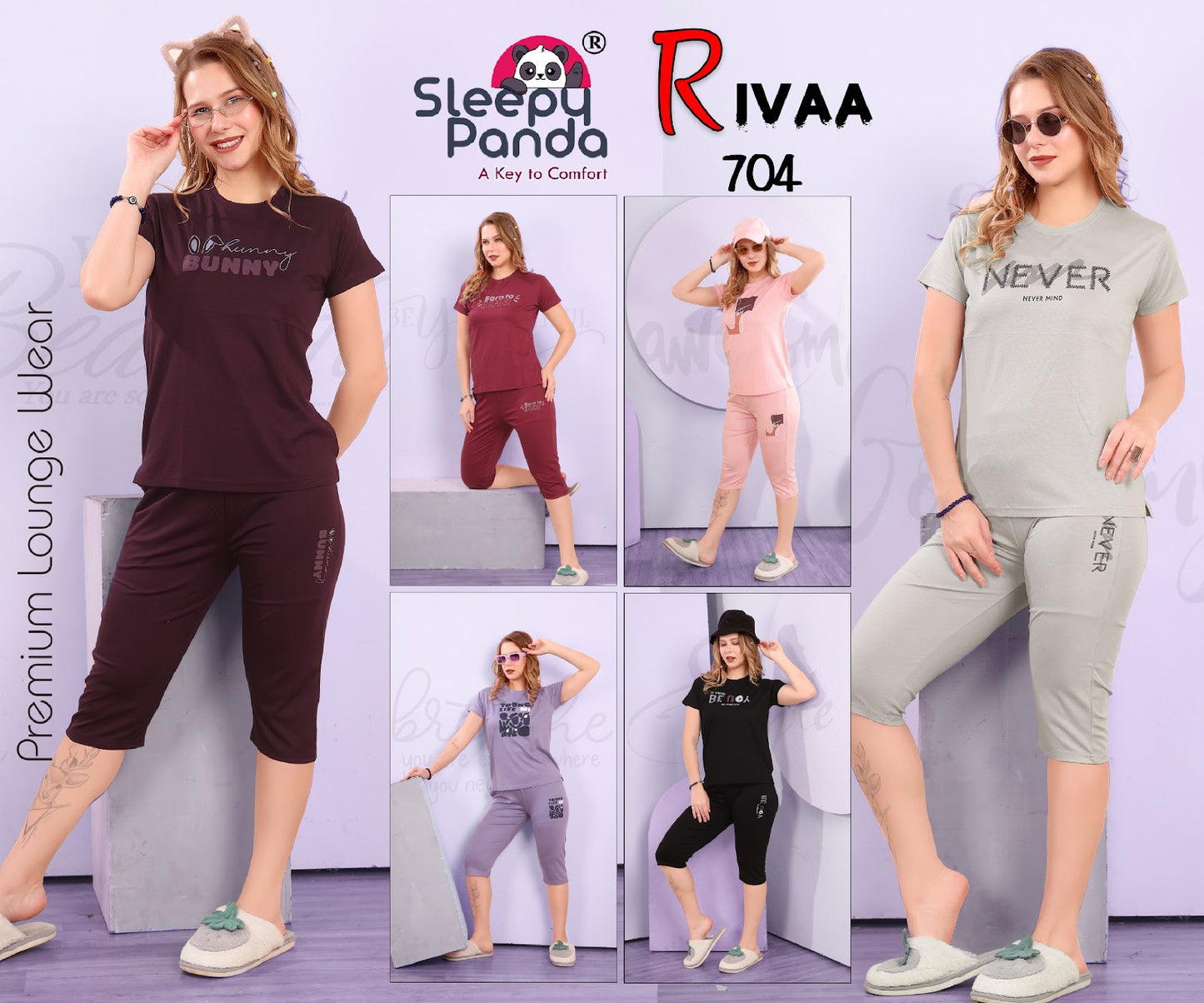 704 Rivaa Sleepy Panda Tencil Lycra Capri Night Suits Manufacturer India