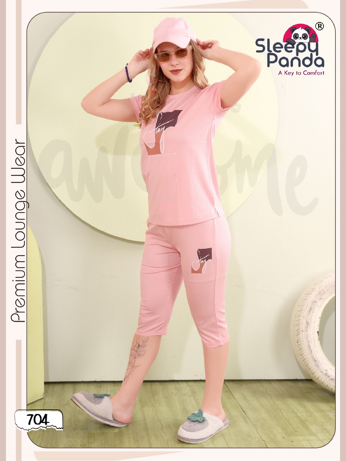 704 Rivaa Sleepy Panda Tencil Lycra Capri Night Suits Manufacturer India