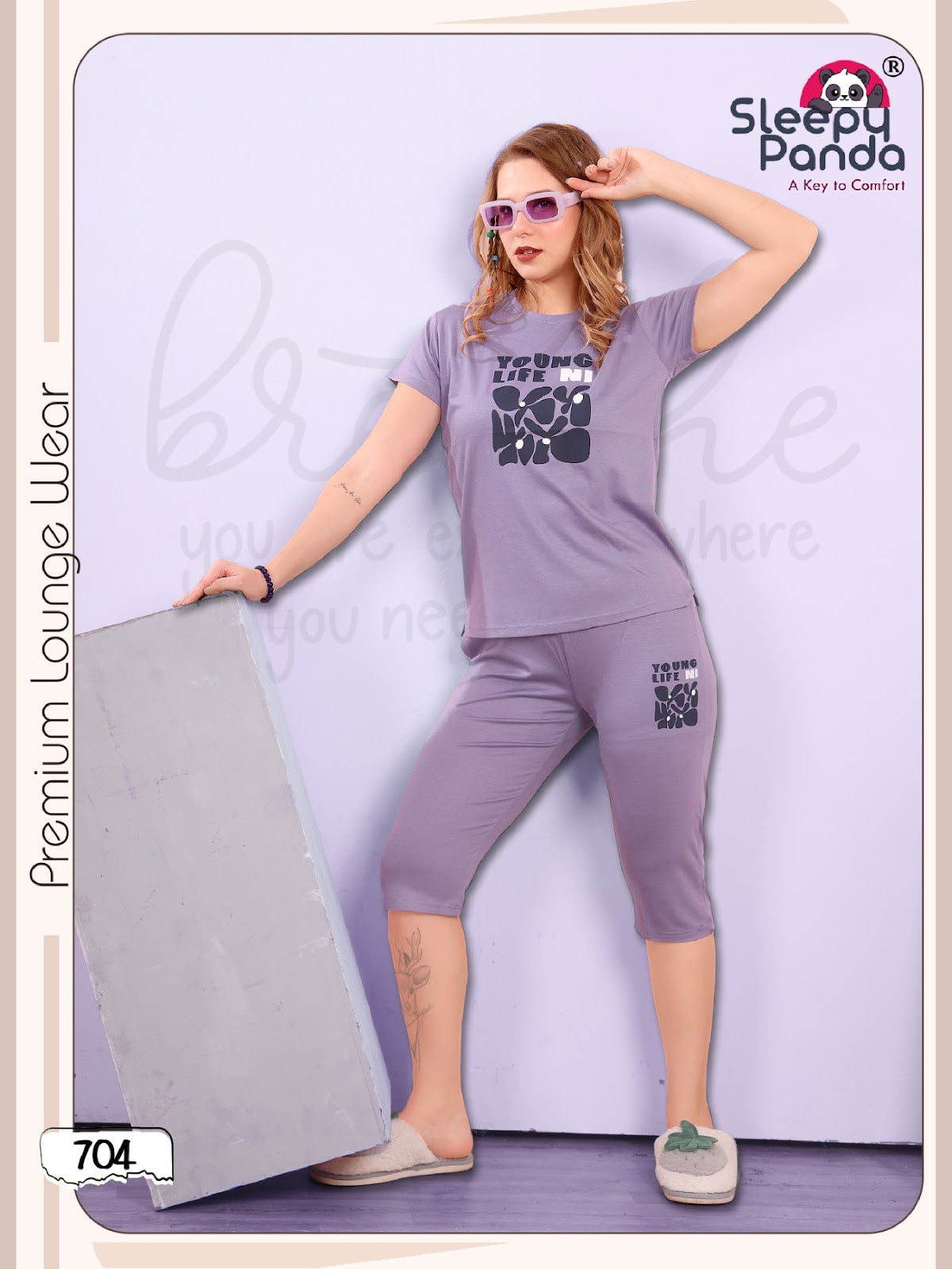 704 Rivaa Sleepy Panda Tencil Lycra Capri Night Suits Manufacturer India