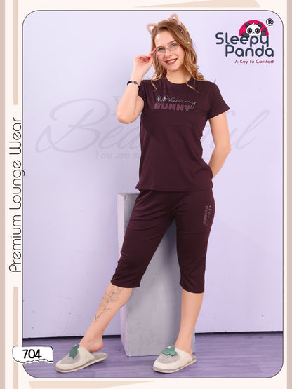 704 Rivaa Sleepy Panda Tencil Lycra Capri Night Suits Manufacturer India