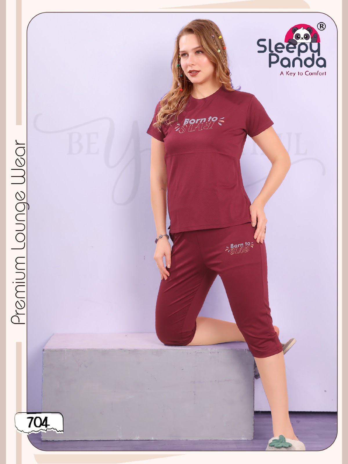 704 Rivaa Sleepy Panda Tencil Lycra Capri Night Suits Manufacturer India