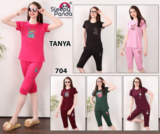 704 Tanya Sleepy Panda Tencil Lycra Capri Night Suits Supplier India