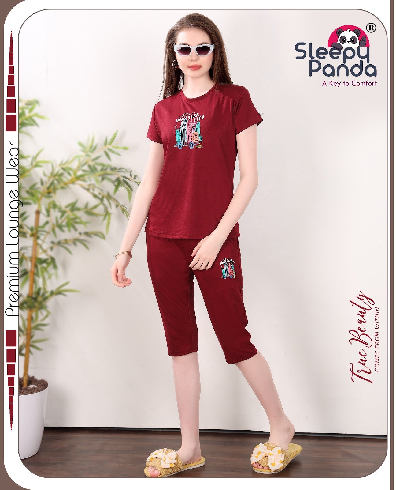 704 Tanya Sleepy Panda Tencil Lycra Capri Night Suits Supplier India