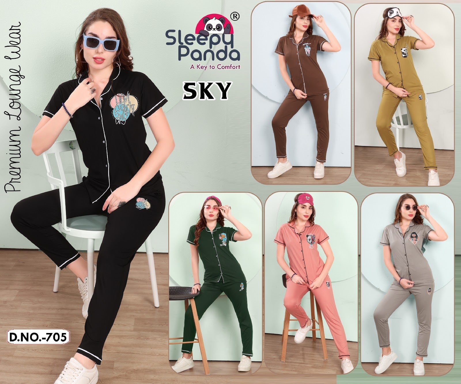 705 Sky Sleepy Panda Tencil Lycra Collar Night Suits Wholesaler Gujarat