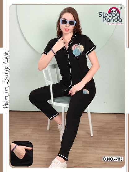 705 Sky Sleepy Panda Tencil Lycra Collar Night Suits Wholesaler Gujarat