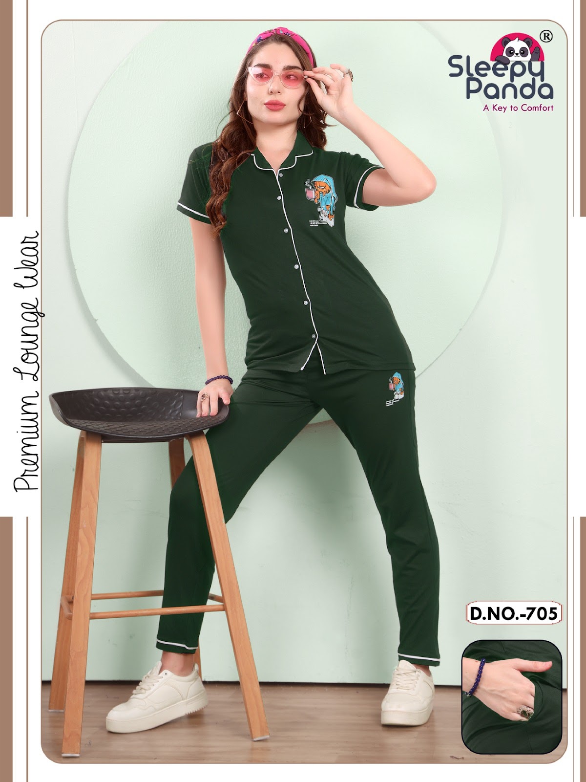 705 Sky Sleepy Panda Tencil Lycra Collar Night Suits Wholesaler Gujarat