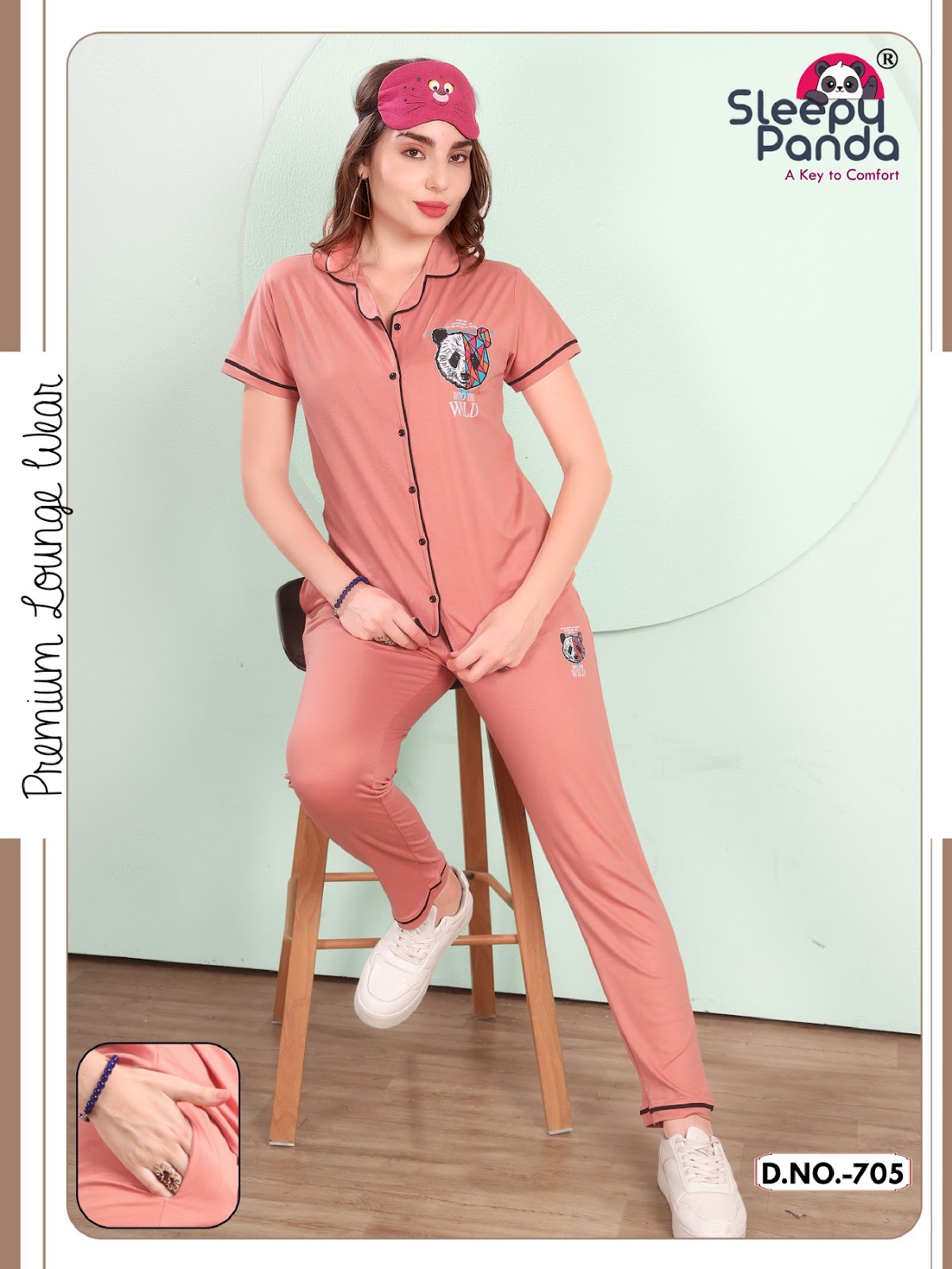 705 Sky Sleepy Panda Tencil Lycra Collar Night Suits Wholesaler Gujarat