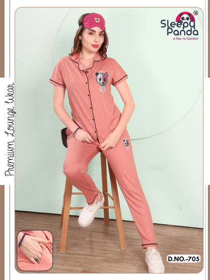 705 Sky Sleepy Panda Tencil Lycra Collar Night Suits Wholesaler Gujarat
