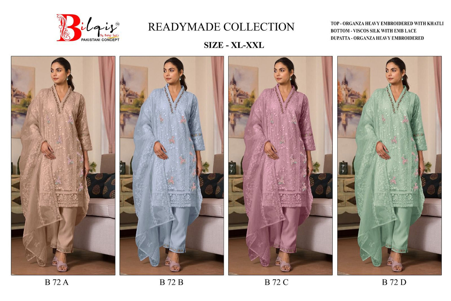 72 Bilqis Organza Pakistani Readymade Suits Wholesale