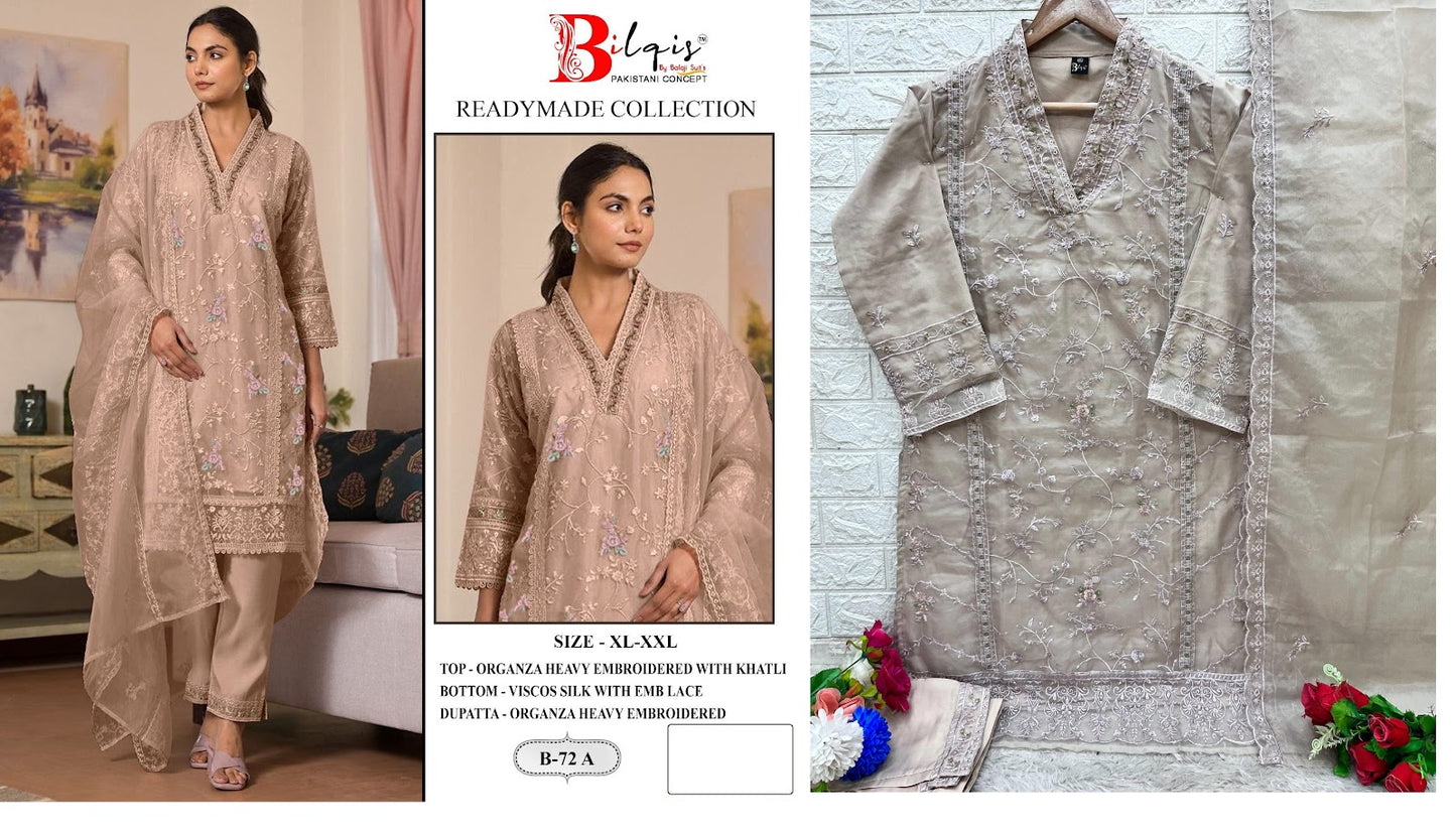 72 Bilqis Organza Pakistani Readymade Suits Wholesale