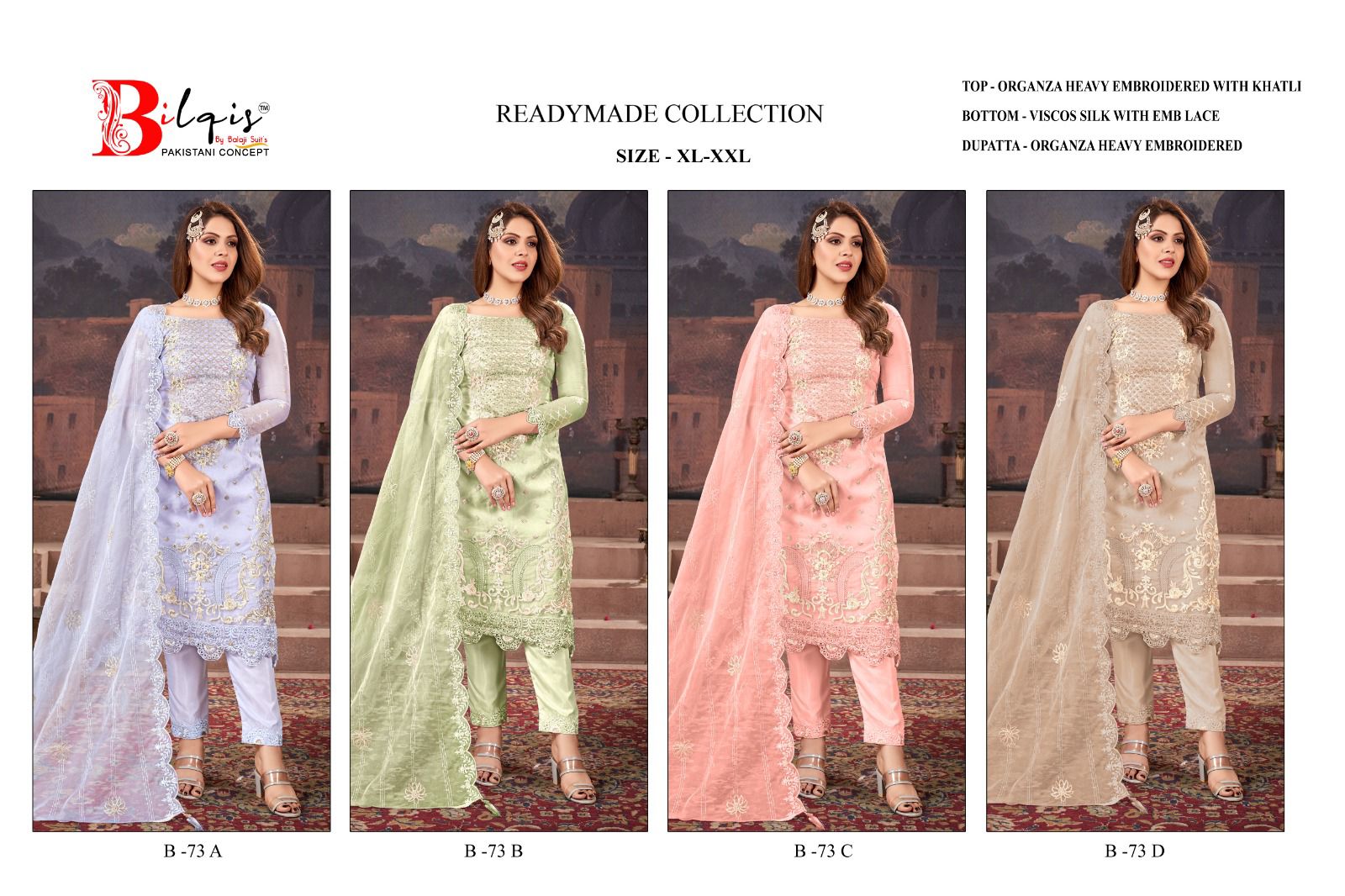 73 Bilqis Organza Pakistani Readymade Suits Wholesale Rate