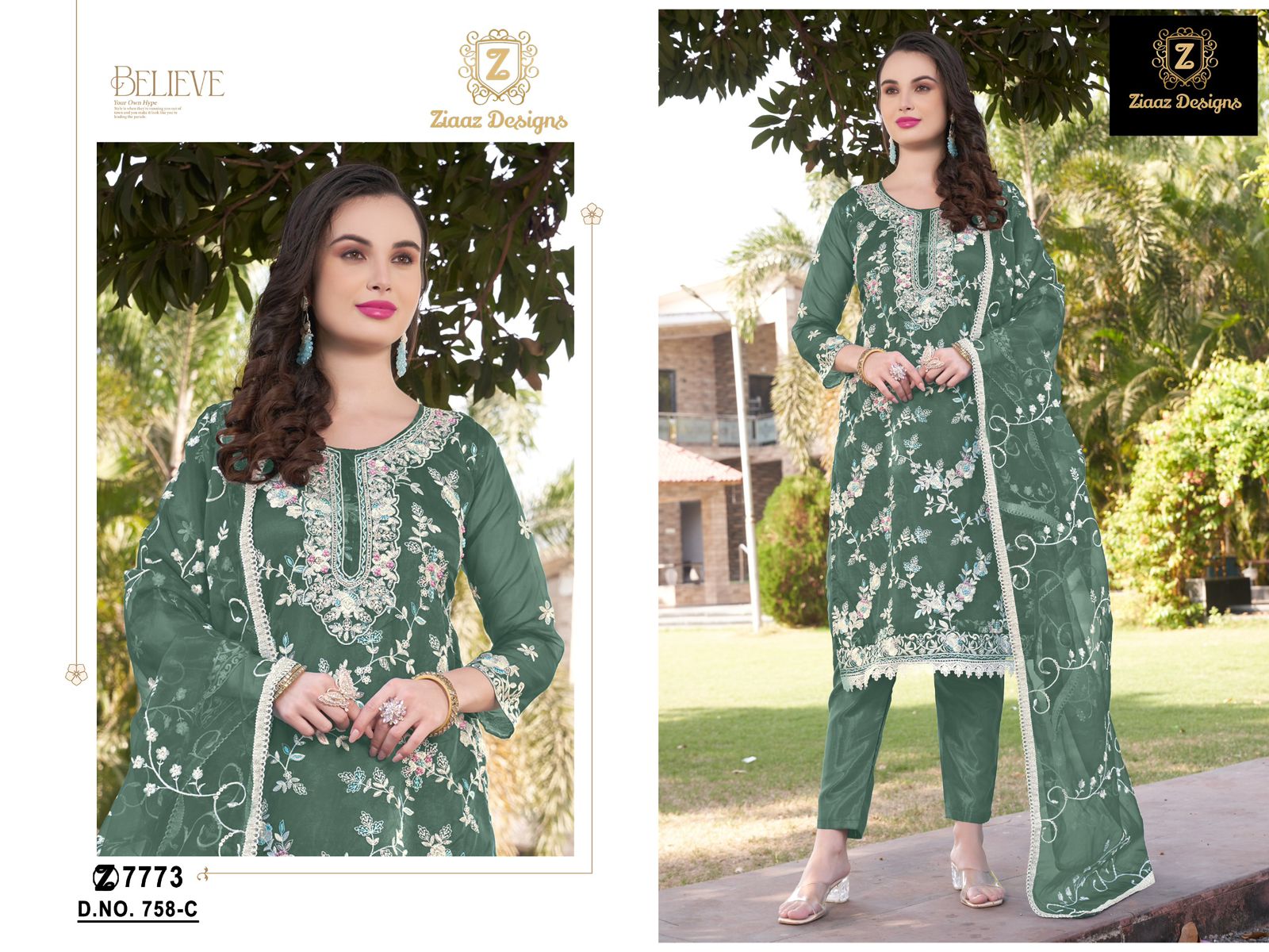 758Abcd Ziaaz Designs Organza Pakistani Salwar Suits Exporter