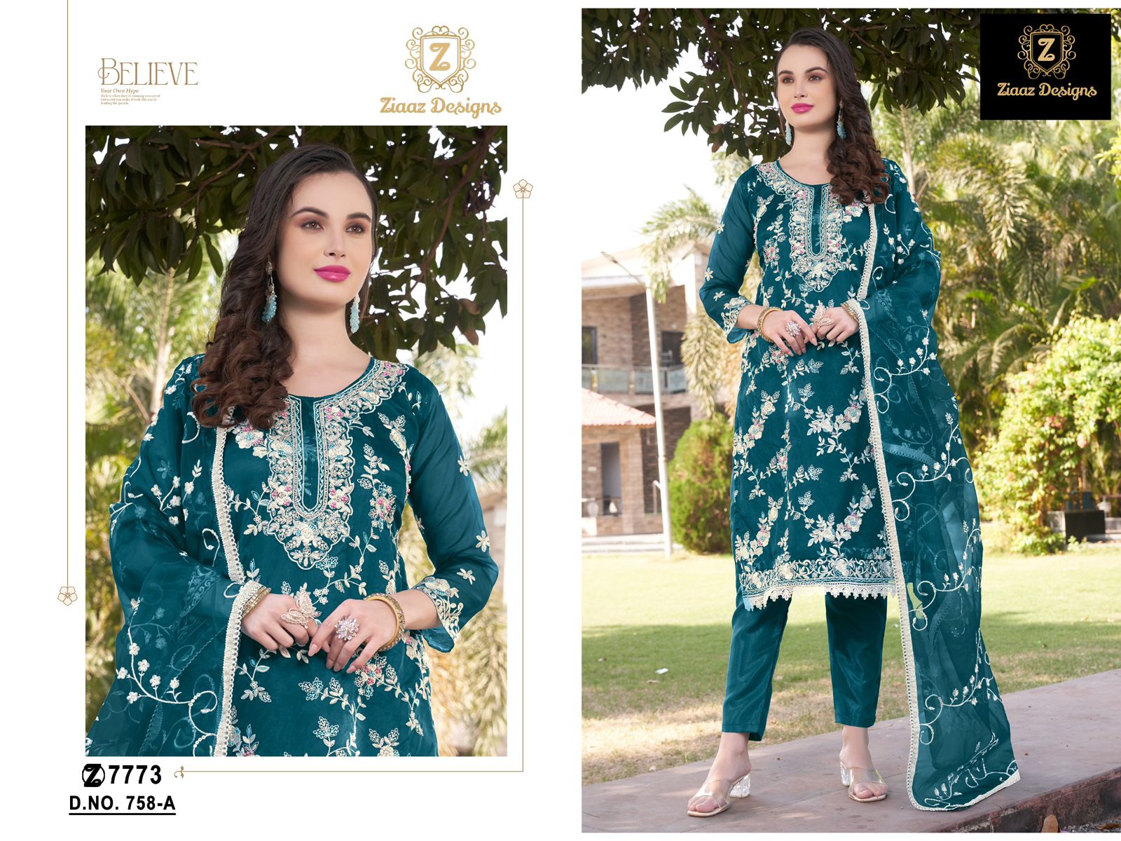 758Abcd Ziaaz Designs Organza Pakistani Salwar Suits Exporter